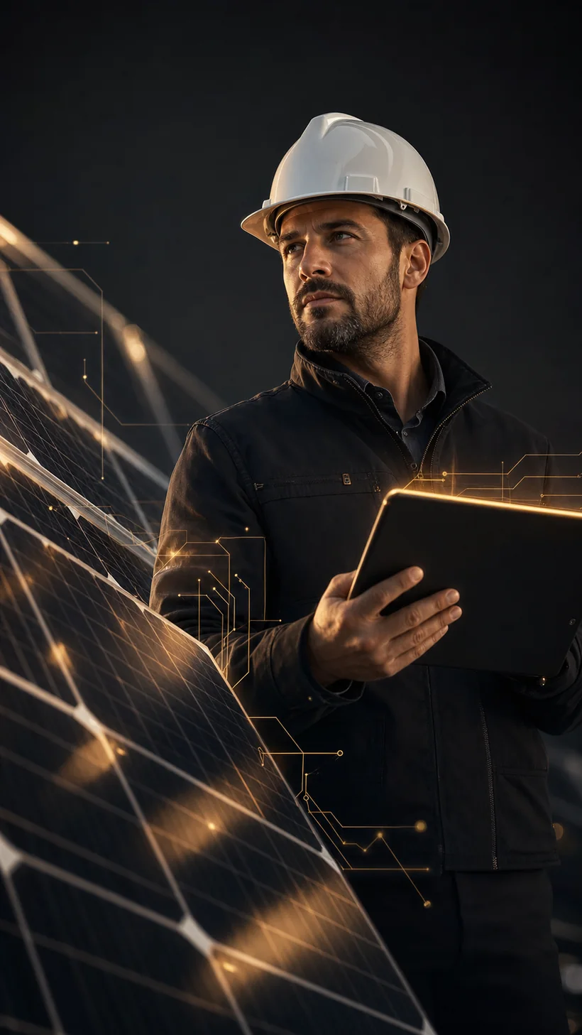 Solar inspector reviewing a photovoltaic panel with a tablet and gold data overlay