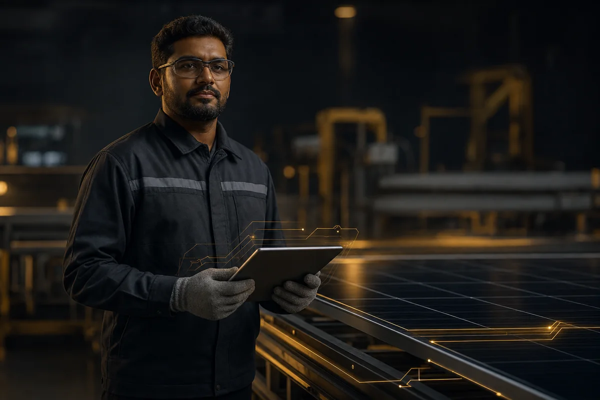 Solar quality engineer reviewing production data on a module manufacturing floor