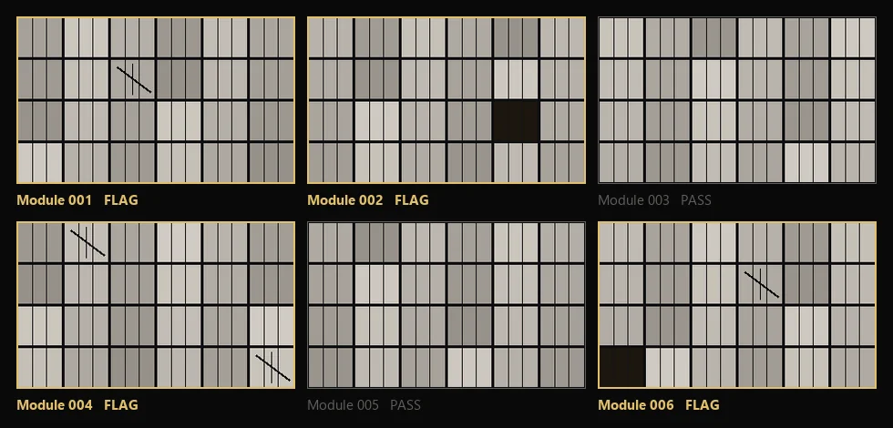 Grid of six solar module electroluminescence images; four flagged in gold for cracks or dead cells, two marked pass